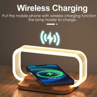 Smart Bedside LED Lamp – Wireless Charger and Modern Wooden Design